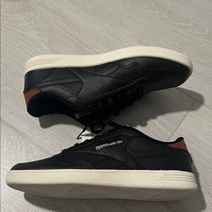 Reebok Men's Black Leather Sneakers with Cream Sole and Brown Heel Tab